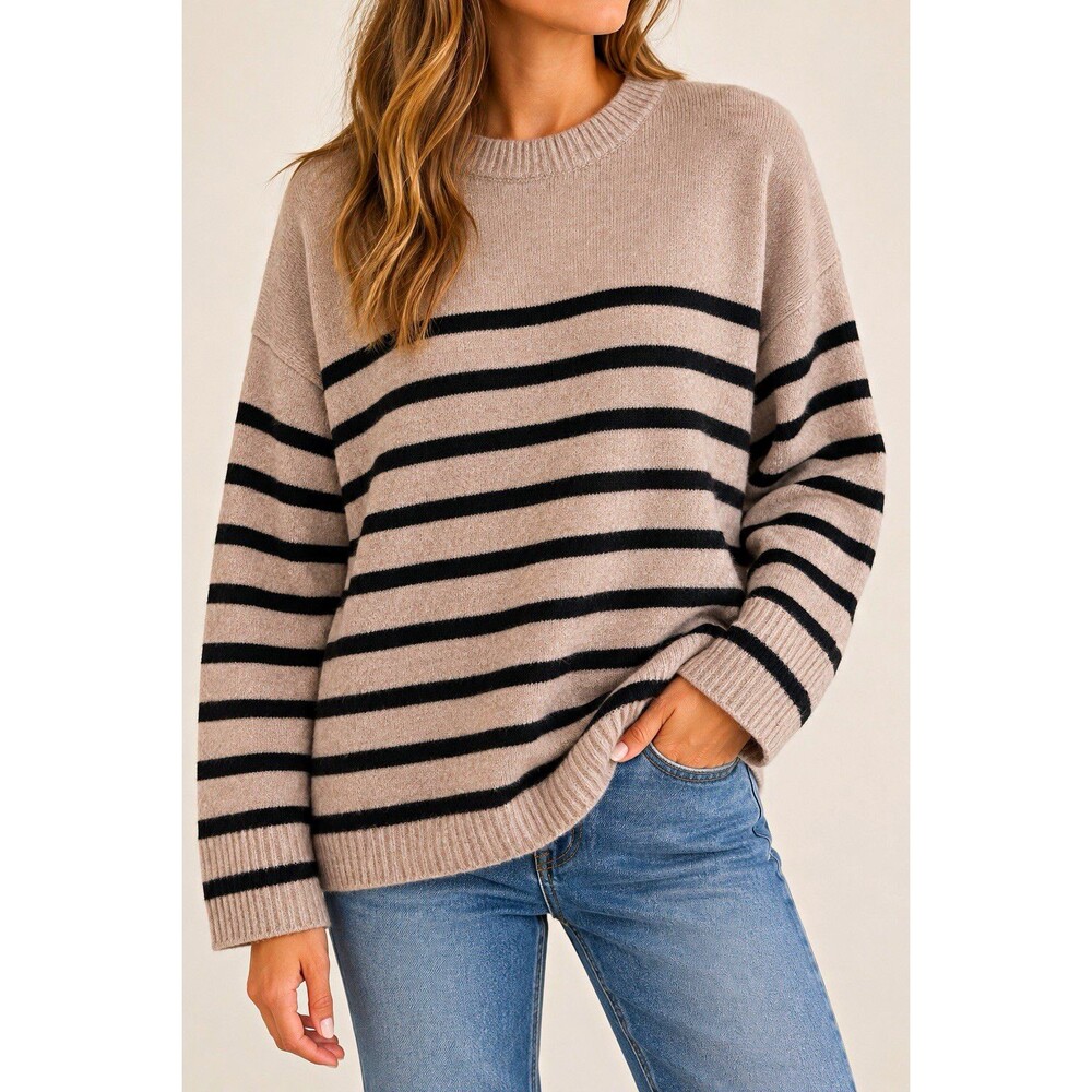 A New Day Striped Sweater Womens S Beige Black Oversized Relaxed Cozy Knit